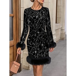 Women's Black Dress Velvet Dress Party Dress Velvet Patchwork Crew Neck Long Sleeve Mini Dress Cocktail Party Vacation Black Spring Fall