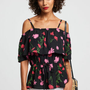 Womens Black Floral Strappy Double Layer Blouse