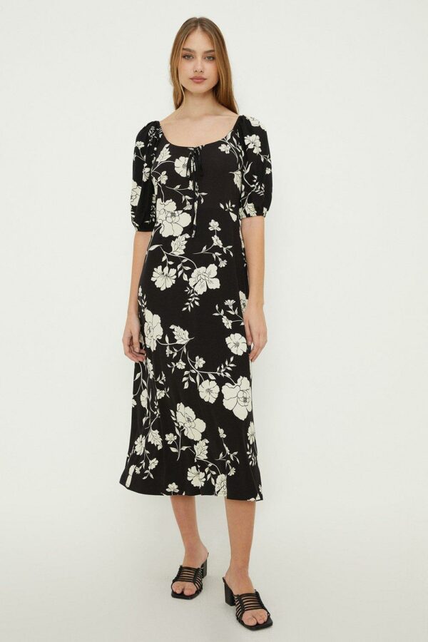 Womens Black Floral Tie Front Midi Dress