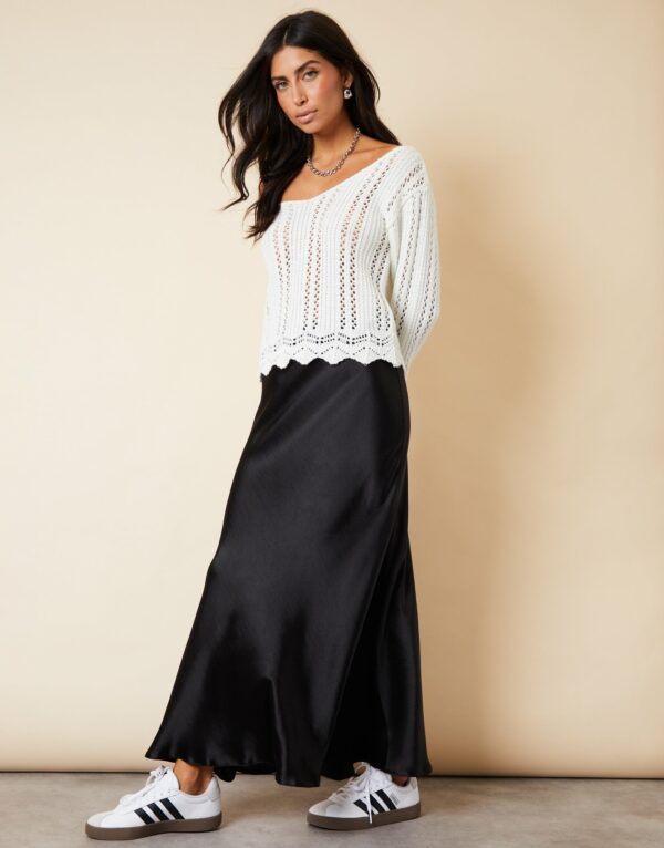 Women's Black Maxi Satin Slip Skirt