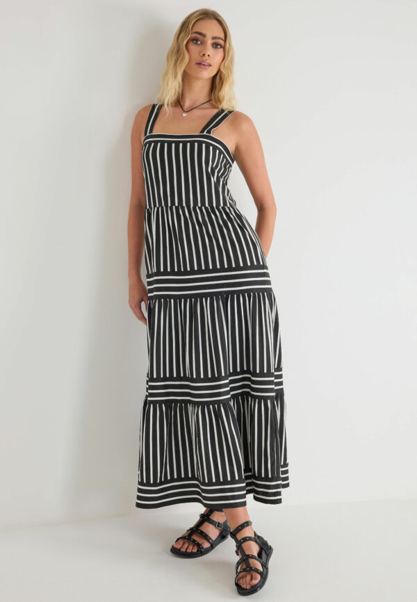 Womens Black Stripe Tiered Maxi Dress