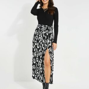 Women's Black & White Animal Print Wrap Midi Skirt