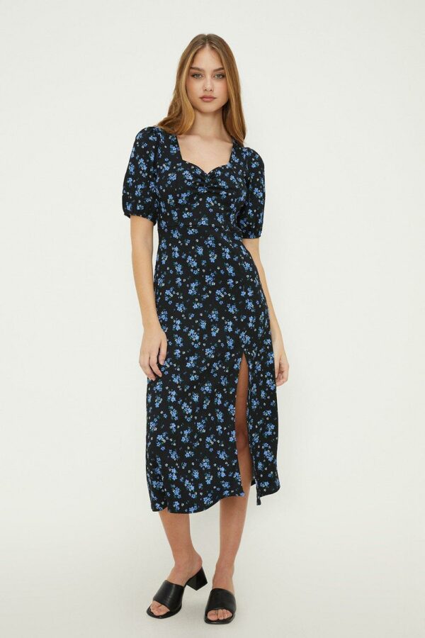 Womens Blue Ditsy Sweetheart Midi Dress