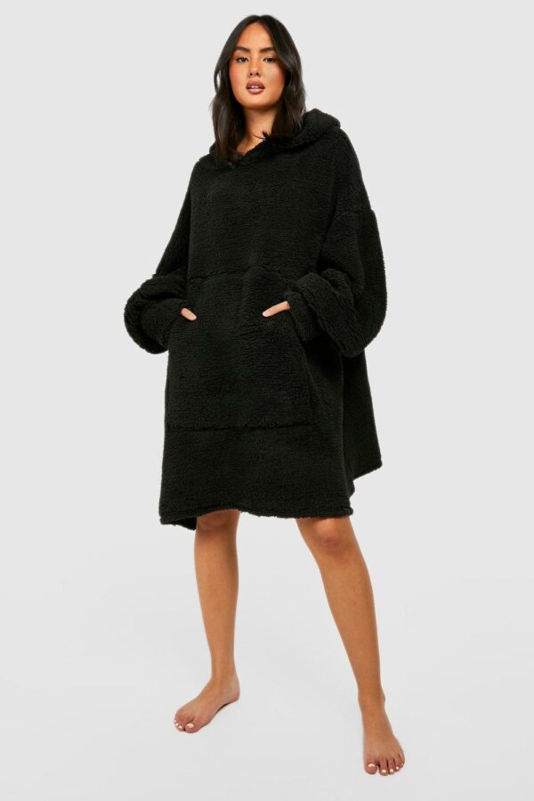 Womens Borg Oversized Blanket Hoody - Black - One Size, Black