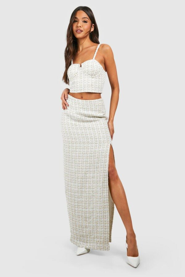 Womens Boucle Split Back Column Maxi Skirt - White - 8, White