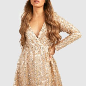 Womens Boutique Sequin Wrap Skater Party Dress - Gold - 8, Gold