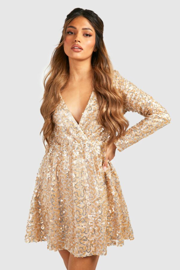 Womens Boutique Sequin Wrap Skater Party Dress - Gold - 8, Gold