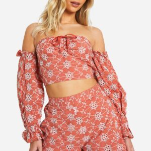 Womens Broderie Cold Shoulder Crop Top - Orange - 10, Orange