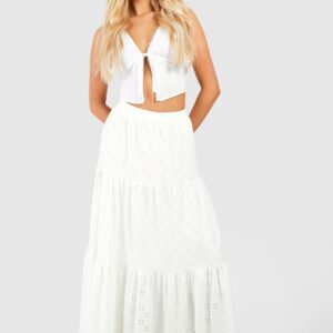 Womens Broderie Tiered Maxi Skirt - White - 12, White