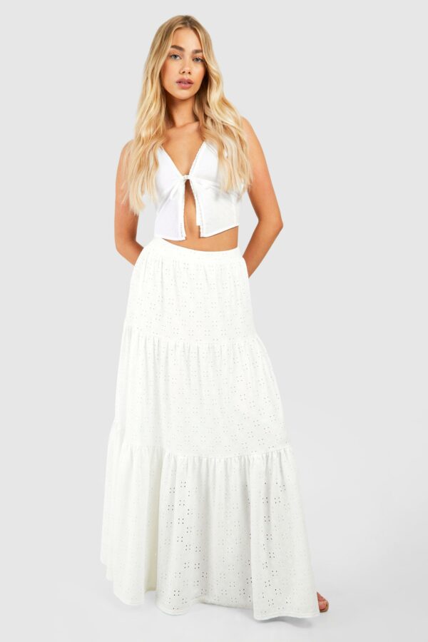 Womens Broderie Tiered Maxi Skirt - White - 12, White