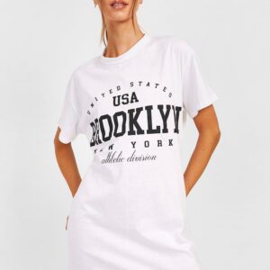 Womens Brooklyn Slogan Print Oversized T-Shirt Dress - White - 10, White