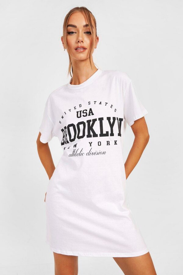 Womens Brooklyn Slogan Print Oversized T-Shirt Dress - White - 10, White