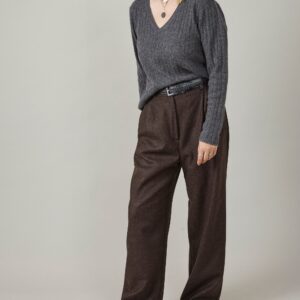 Women's Brown Wool Dress Pants | Wide Leg Tailored Trousers For Winter With Pleats & Cuffed Hem