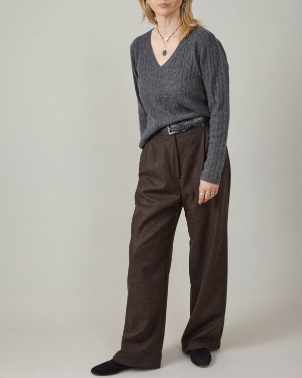 Women's Brown Wool Dress Pants | Wide Leg Tailored Trousers For Winter With Pleats & Cuffed Hem