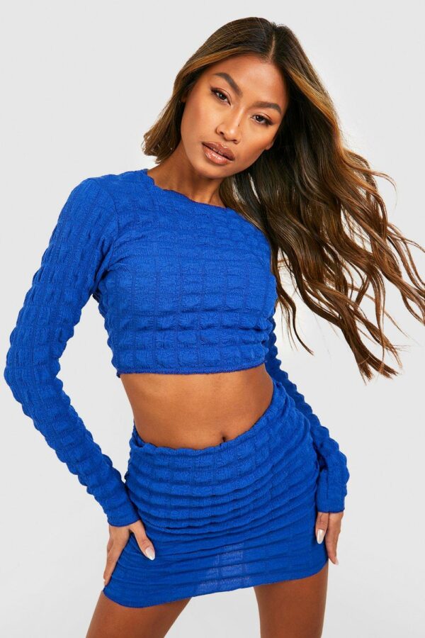 Womens Bubble Jersey Backless Crop & Mini Skirt - Blue - 10, Blue