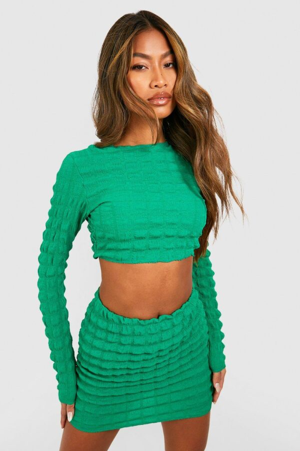 Womens Bubble Jersey Backless Crop & Mini Skirt - Green - 8, Green