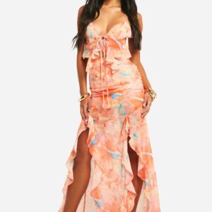 Womens Butterfly Printed Ruffle Split Maxi Skirt - Orange - 8, Orange