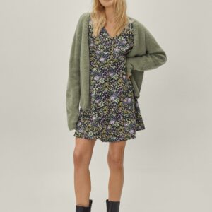 Womens Button Down Floral Print Mini Tea Dress - Multi - 6, Multi