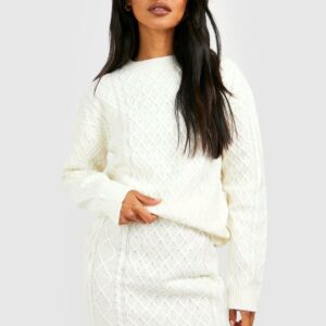 Womens Cable Jumper And Mini Skirt Knitted Co-Ord - White - 14, White