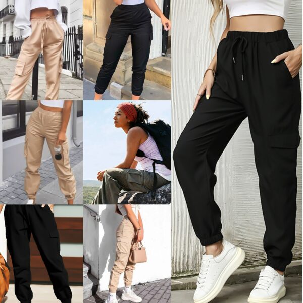 Womens Casual Cargo Jogging Bottoms Trousers Soft Warm Fleece Slim Fit Elastic High Waisted Multi Pockets Combat Drawstring Pants