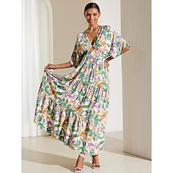 Women's Chiffon Chiffon Dress Swing Dress Sundress Floral Pleated Ruffle V Neck Midi Dress Elegant Hawaiian Wedding Party Half Sleeve Summer