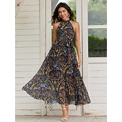 Women's Chiffon Swing Dress Floral Tie Front Halter Neck Midi Dress Elegant Bohemia Cocktail Party Sleeveless Summer Spring