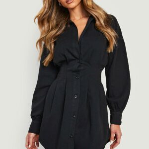 Womens Cinched Waist Denim Shirt Dress - Black - 14, Black