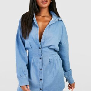 Womens Cinched Waist Denim Shirt Dress - Blue - 16, Blue