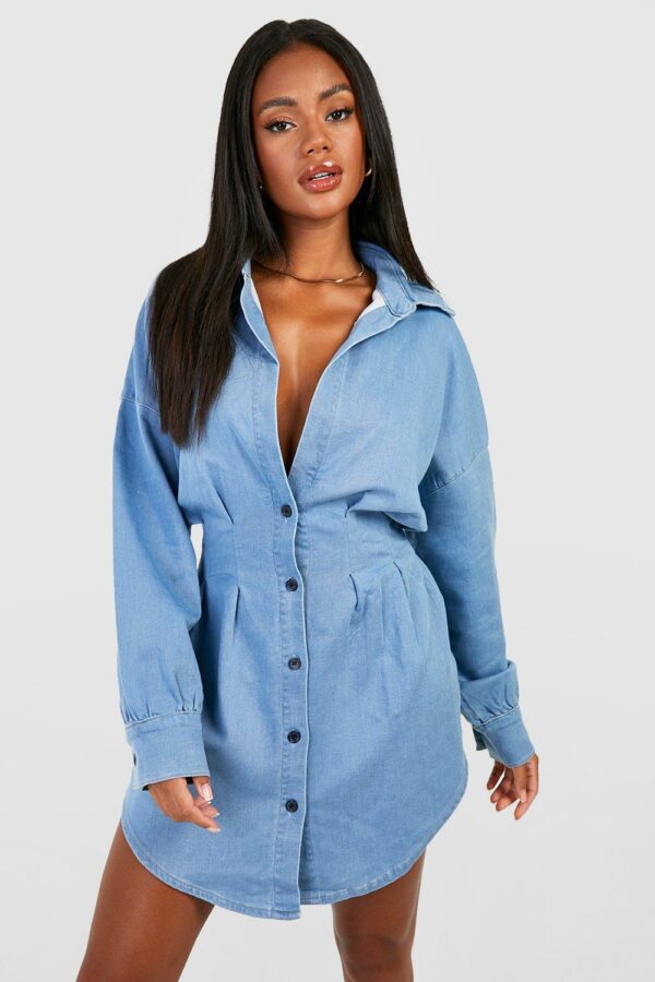 Womens Cinched Waist Denim Shirt Dress - Blue - 16, Blue