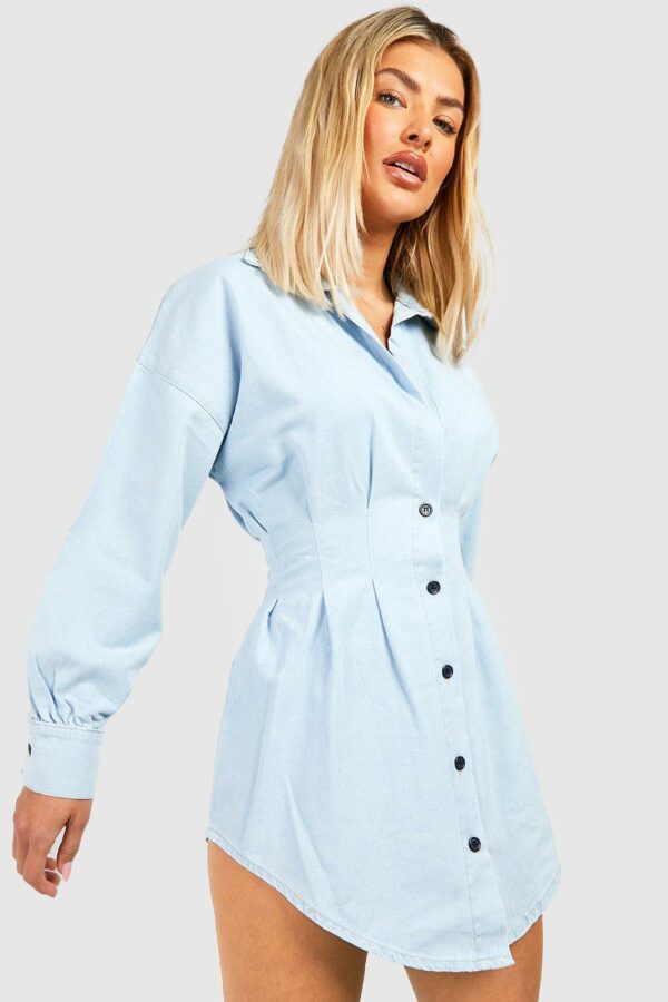 Womens Cinched Waist Denim Shirt Dress - White - 12, White