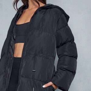 Womens Cinched Waist Hooded Puffer Coat - black - 8, Black