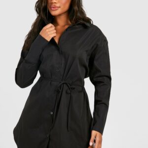 Womens Cinched Waist Shoulder Pad Shirt Dress - Black - 14, Black