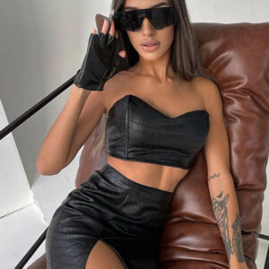 Women's Clothing Skirt Set Black Sexy Split Front Daily Casual PU Leather Two Piece Set