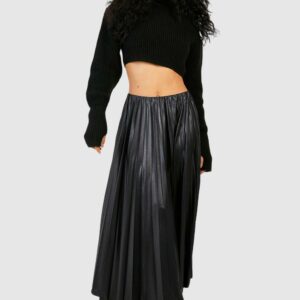 Womens Coated Pleated Midaxi Skirt - Black - 8, Black