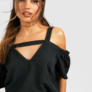 Womens Cold Shoulder Cut Out Detail Woven Top - Black - 6, Black