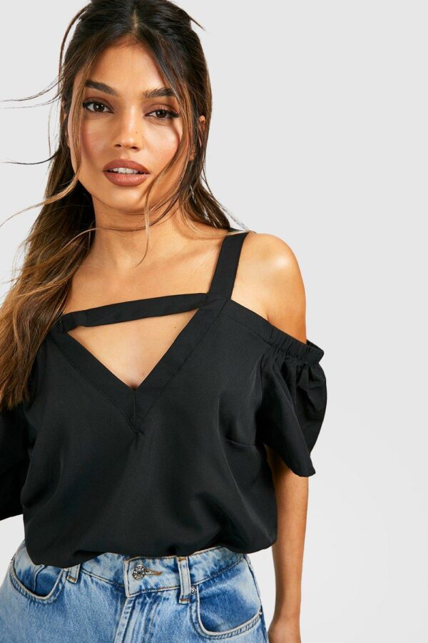 Womens Cold Shoulder Cut Out Detail Woven Top - Black - 6, Black