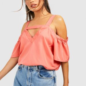 Womens Cold Shoulder Cut Out Detail Woven Top - Orange - 6, Orange