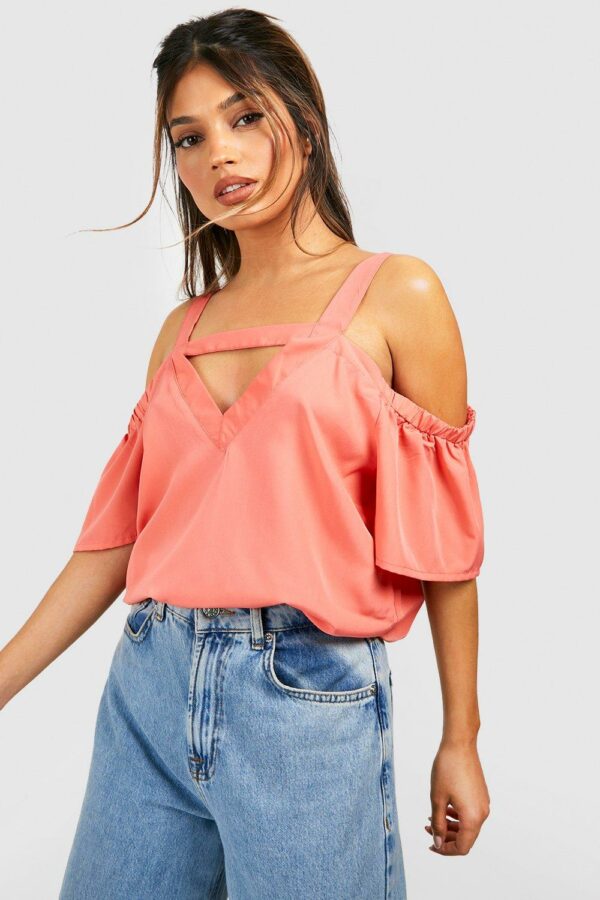 Womens Cold Shoulder Cut Out Detail Woven Top - Orange - 6, Orange