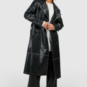 Womens Contrast Stitch Detail Faux Leather Trench Coat - Black - S, Black