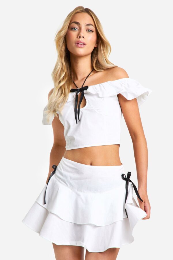 Womens Cotton Poplin Contrast Bow Tiered Mini Skirt - White - 6, White