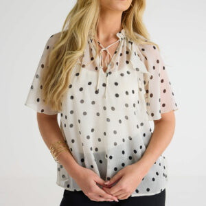 Womens Cream & Black Polka Dot Ruffle Tie Neck Blouse