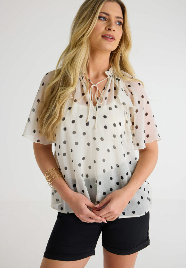 Womens Cream & Black Polka Dot Ruffle Tie Neck Blouse