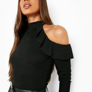 Womens Crepe Ruffle Cold Shoulder Top - Black - 8, Black