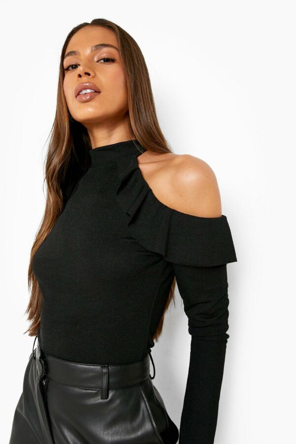 Womens Crepe Ruffle Cold Shoulder Top - Black - 8, Black