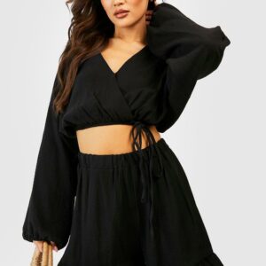 Womens Crinkle Wrap Front Blouse & Ruffle Hem Shorts - Black - 10, Black