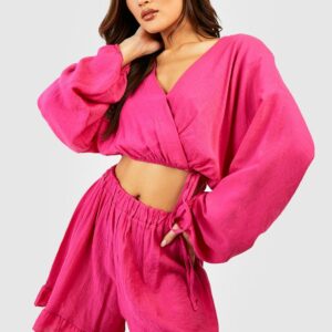 Womens Crinkle Wrap Front Blouse & Ruffle Hem Shorts - Pink - 10, Pink