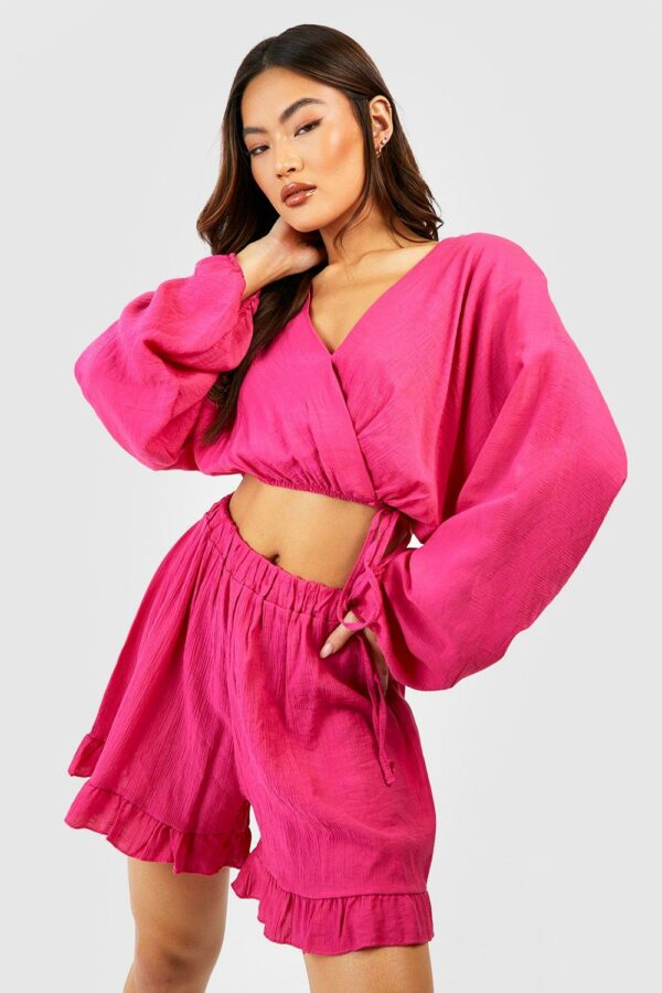 Womens Crinkle Wrap Front Blouse & Ruffle Hem Shorts - Pink - 10, Pink