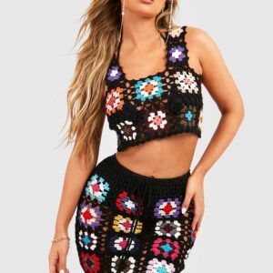 Womens Crochet Patchwork Top & Skirt Beach Co-Ord - Black - M, Black