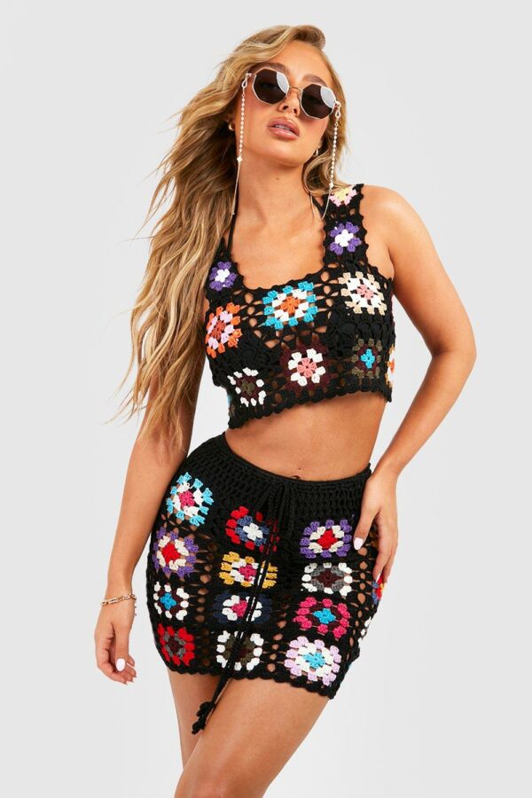 Womens Crochet Patchwork Top & Skirt Beach Co-Ord - Black - M, Black