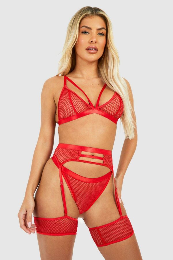 Womens Crotchless Mesh Strappy Bralette Thong And Suspender Set - Red - S, Red